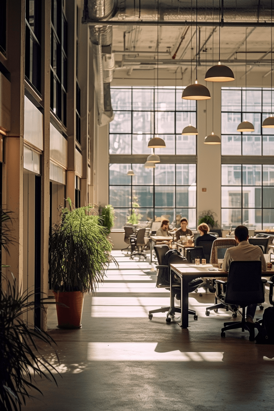 Collaborative work environment: Professionals working on laptops in a spacious setting.