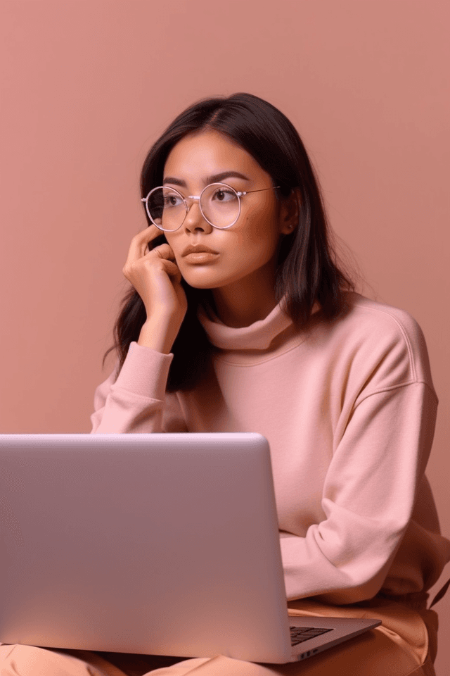 Woman seeking financial guidance online, feeling puzzled while exploring financial options.