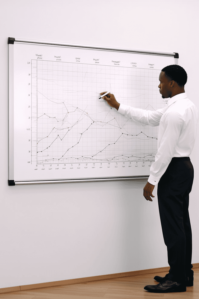 Expert financial advisor explaining key financial figures and strategies on a whiteboard.